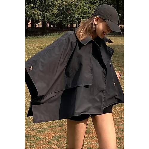 Siyah Yarasa Kol Detay Yakal Dmeli Rahat Kalp Oversize Midi Boy Trenkot