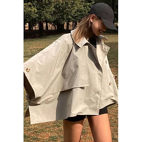 Siyah Yarasa Kol Detay Yakal Dmeli Rahat Kalp Oversize Midi Boy Trenkot