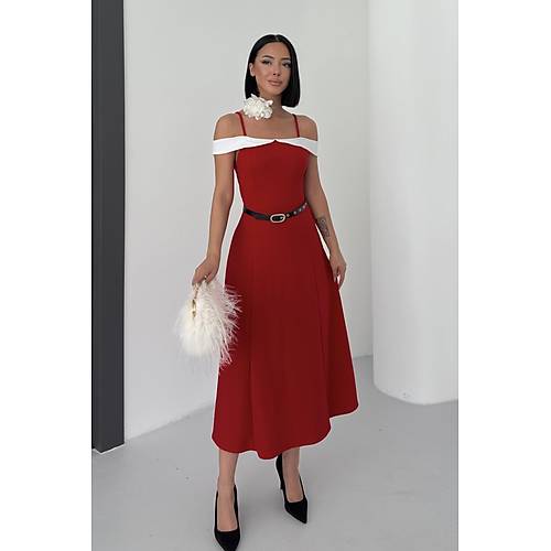 ift Renk Midi Kemerli Beyaz Elbise