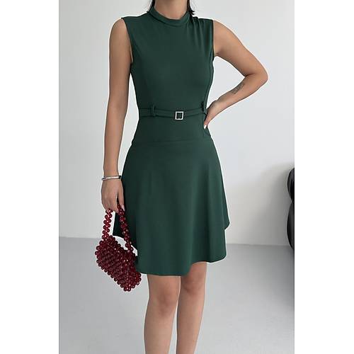 Bisiklet Yaka Kemer Aksesuar Zmrt Elbise