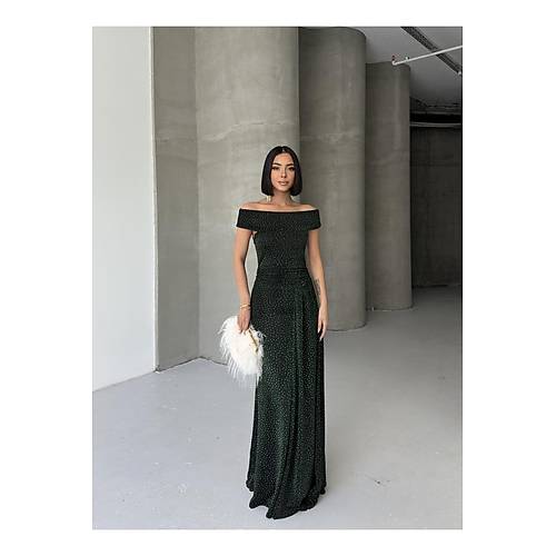 Dk Omuz Drapeli Simli Abiye Elbise