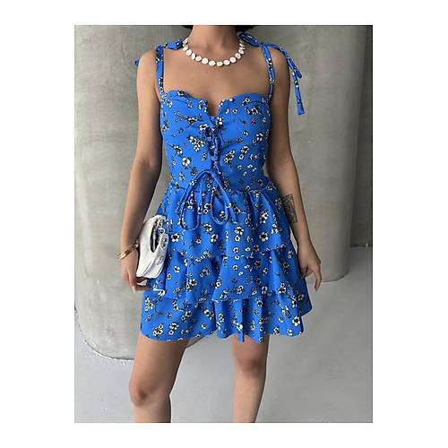 Ask�l� Elbise Ete�i Volanl� Elbise G���s Destekli K�rm�z� Mini Elbise �i�ekli Elbise Desenli Elbise