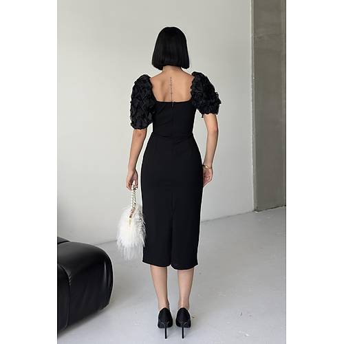 zel Tasarm nci Detayl Balon Kol Abiye Siyah Elbise