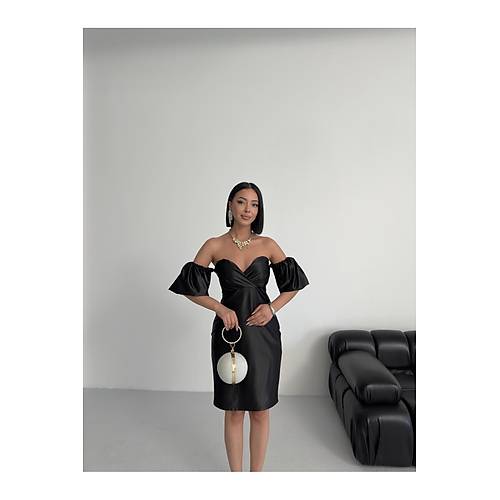 Bandeau Balon Kol Bodycon Mini Abiye Elbise