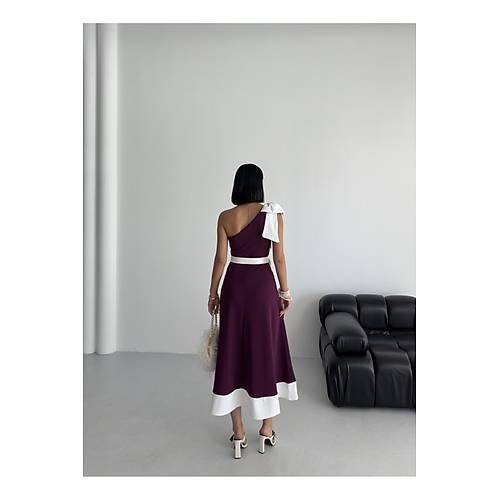 Tek Omuz Kemerli Kadn Midi Mor Abiye Elbise Fiyonk Detayl k Tasarm