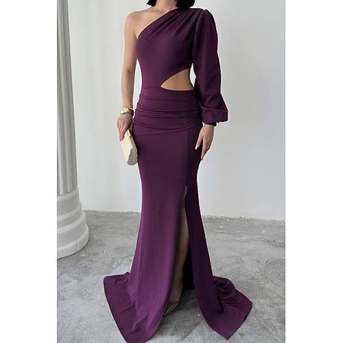 Tek Kol Derin Yrtmal Krep Gece Elbisesi Zmrt Yeil Abiye