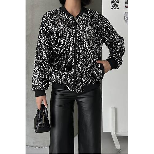 Payetli Bomber Ceket Siyah