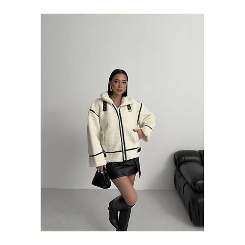 Viral Teddy Pelu� Bej Biker Ceket