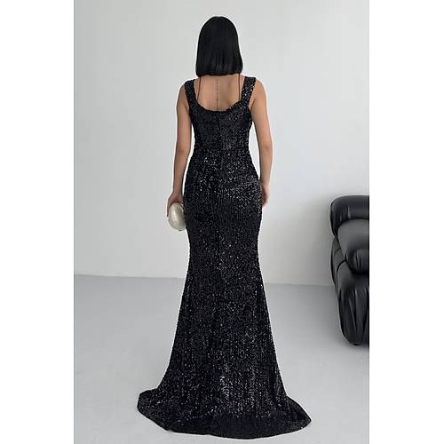 Trend Band Kol Kadife Balk Elbise Siyah