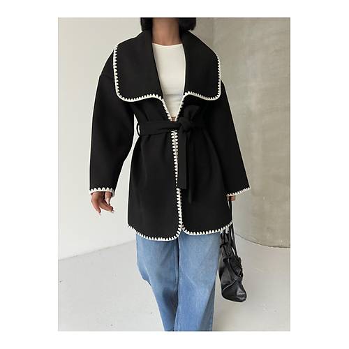 Nak�� Detayl� Kemerli Yumu�ak Siyah Ceket