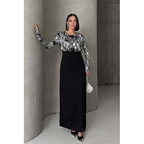 Siyah Gold Desenli Uzun Kollu k Maxi Abiye Elbise