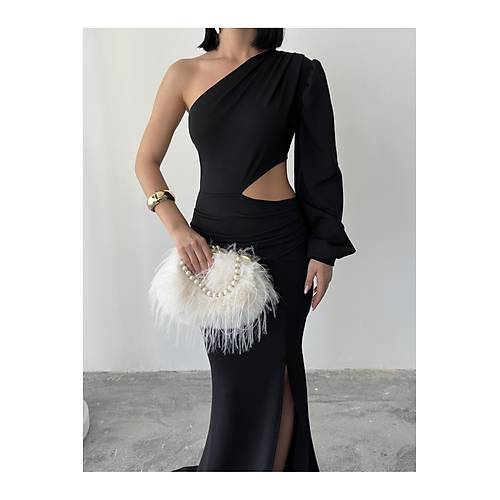 Tek Kol Derin Yrtmal Krep Gece Elbisesi Zmrt Yeil Abiye