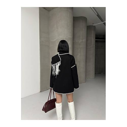 Nak Detayl Atkl Yumuak Triko Hrka Ceket Siyah