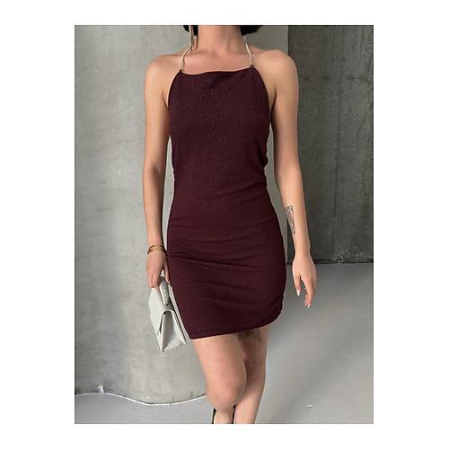 Ylba zel Srt Dekolte Ve Ta Zincir Detayl Lacivert Elbise