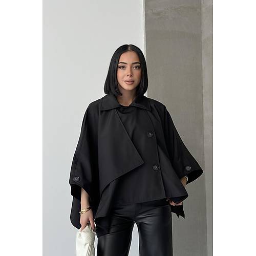 Siyah Yarasa Kol Detay Yakal Dmeli Rahat Kalp Oversize Midi Boy Trenkot