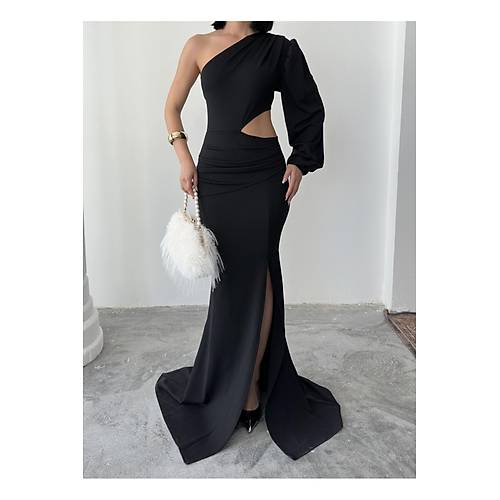 Tek Kol Derin Yrtmal Krep Gece Elbisesi Zmrt Yeil Abiye