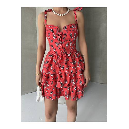 Ask�l� Elbise Ete�i Volanl� Elbise G���s Destekli K�rm�z� Mini Elbise �i�ekli Elbise Desenli Elbise