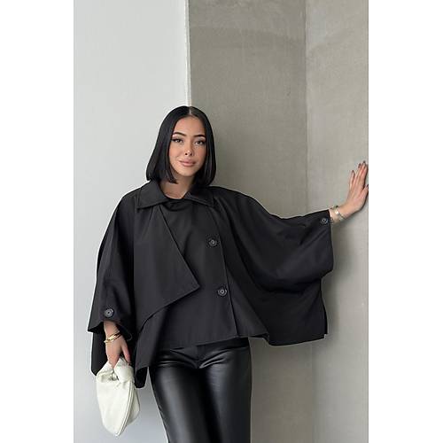 Siyah Yarasa Kol Detay Yakal Dmeli Rahat Kalp Oversize Midi Boy Trenkot