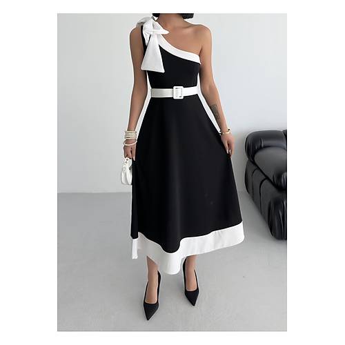 Tek Omuz Kemerli Kadn Midi Mor Abiye Elbise Fiyonk Detayl k Tasarm