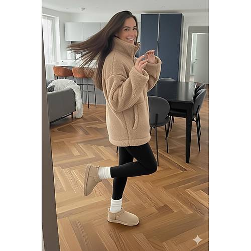 Bej Dik Yakal� Cepli Kad�n Pelu� Mont