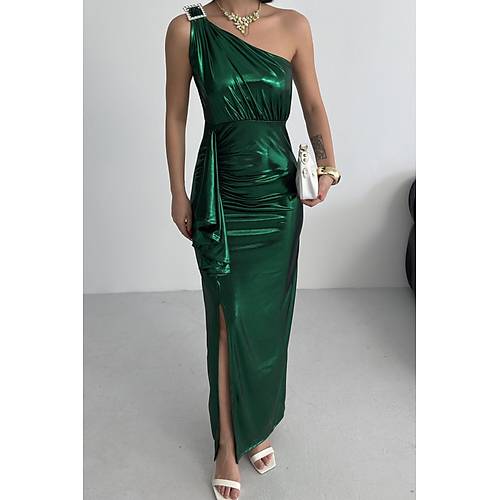 Kadn Omuz Aksesuarl Volanl yrtma parlak kuma Abiye Mezuniyet Nikah Lacivert Elbise