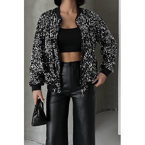 Payetli Bomber Ceket Siyah