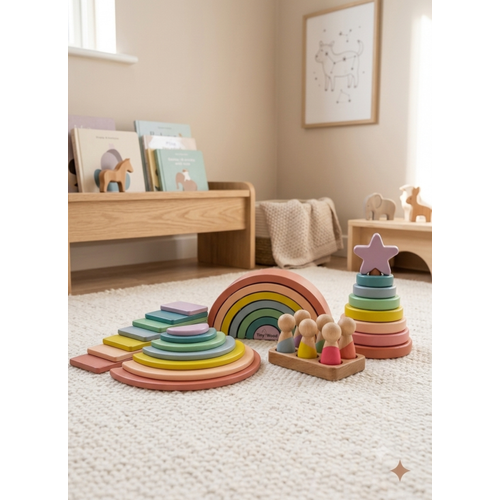 Montessori Waldorf Pastel Ah�ap G�kku�a�� A��k U�lu Oyun Seti 5 Par�a