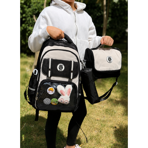 Kawaii Kore Tarz� Aksesuarl� Ve Ergonomik Okul S�rt �antas� Siyah-Bej-Gri| Beslenme, Kalemlik Set