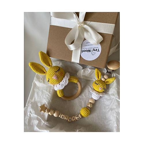 Sar� Bebek Hediyelik Tav�an Emzik Zinciri & ��ng�rak | Unisex Yeni Do�an �simli Emzik Hediye Seti | El Yap�m� Organik Bebek Hediyesi