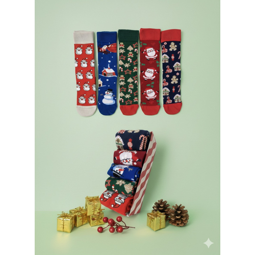 Y�lba�� 5?l� Desenli �orap Seti | Unisex Hediye Kutulu K�� Temal� �oraplar