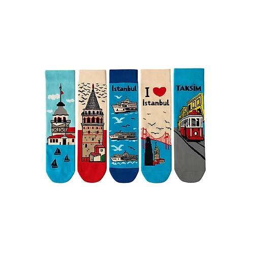 �stanbul Temal� 5?li Renkli �orap Seti | Unisex Hediye Kutulu �oraplar | Do�al Pamuk