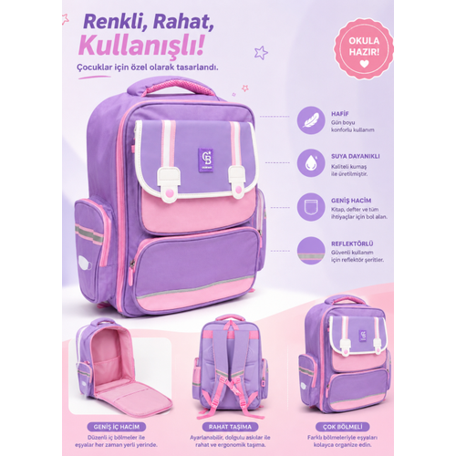 K�z �ocuk Pembe-Lila Okul �antas� Ortopedik S�rt �antas�
