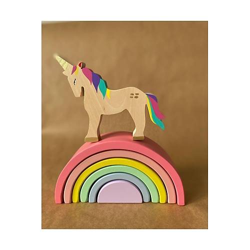 Ah�ap Waldorf Unicorn G�kku�a�� De�nek Oyuncak Seti | Do�al Masal Oyuncaklar� | El Yap�m� Waldorf Set