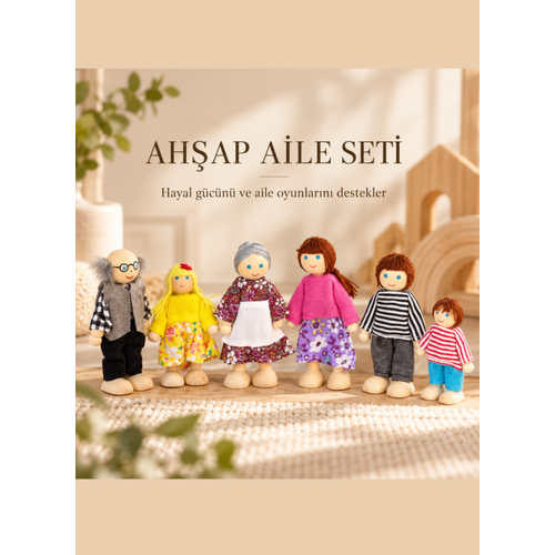 Ah�ap Kukla Aile Seti 6'l� ? Montessori E�itim Oyunca��, Oyun Evi Fig�rleri