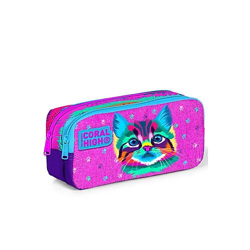 Mor Pembe Kedi Desenli �ki B�lmeli Kalem �antas� 12050