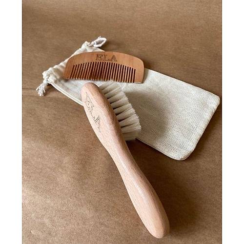 2'li Set sme zel %100 Kei Kl Bebek Sa Fras & Mini Oval Tarak | Doal Ahap Bebek Bakm Seti