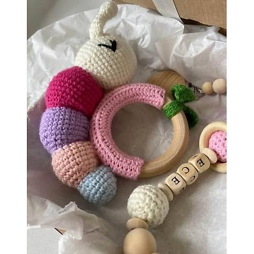 Amigurumi Sevimli Trtl Di Kayc ngrak & simli Emzik Seti | Organik Unisex Bebek Hediyelik Pembe-Mor