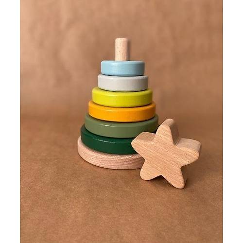 Ahap Renkli Yldz Kule/ Hanoi / Montessori Eitici Ahap Denge Oyunca Yeil Ton