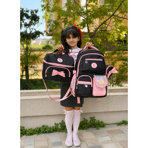 Kore Tarz� K�z �ocuk 3l� Okul �antas� Seti Siyah Pembe Aksesuarl� �lkokul �antas�