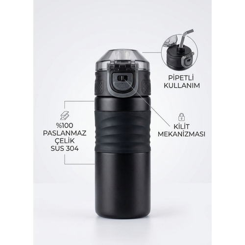 Premium 304 Paslanmaz �elik Pipetli Kilitli Termos Matara 450 ml Ergonomik Kavrama