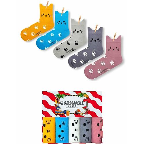 5li Kedi ekilli Renkli orap Seti | Hediye Kutulu Unisex Pamuklu oraplar