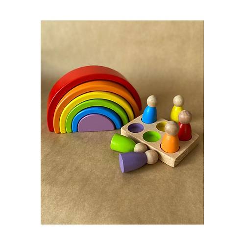 Waldorf 6 Par�al� G�kku�a�� & 6�l� Peg Bebek Tabla Seti | Pastel Renk E�le�tirme Ah�ap Oyuncak