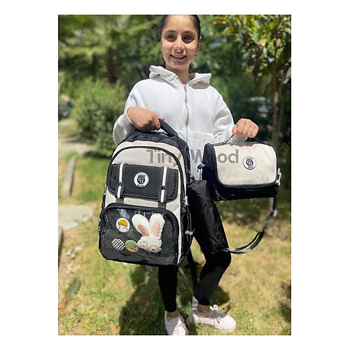Kawaii Kore Tarz� Aksesuarl� Ve Ergonomik Okul S�rt �antas� Siyah-Bej-Gri| Beslenme, Kalemlik Set