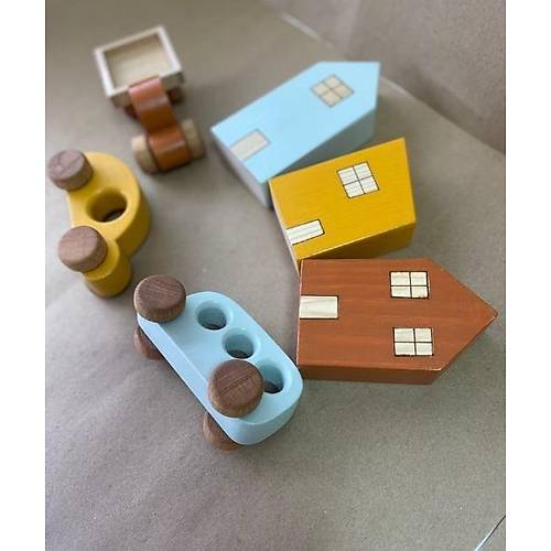 Montessori Oyuncak Ahap Ev ve Araba Seti  6l Eitici Doal Ahap Oyuncak | Tiny Wood