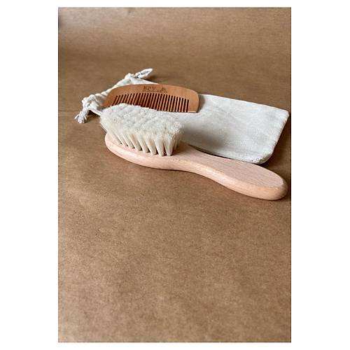 2'li Set �sme �zel %100 Ke�i K�l� Bebek Sa� F�r�as� & Mini Oval Tarak | Do�al Ah�ap Bebek Bak�m Seti
