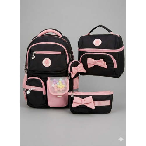 Kore Tarz� K�z �ocuk 3l� Okul �antas� Seti Siyah Pembe Aksesuarl� �lkokul �antas�