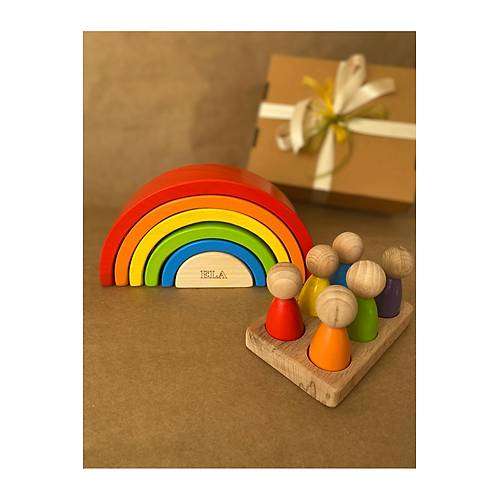 �sme �zel Waldorf 6 Par�al� G�kku�a�� ve 6�l� Peg Bebek Tabla Seti � Pastel Renk E�le�tirme Ah�ap Oyuncak Pempe