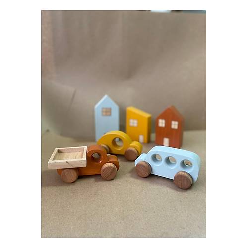 Montessori Oyuncak Ah�ap Ev ve Araba Seti � 6�l� E�itici Do�al Ah�ap Oyuncak | Tiny Wood