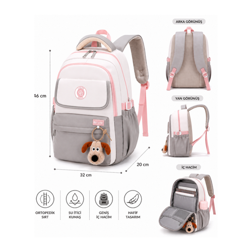 K�z �ocuk �lkokul �antas� ? Pelu� Anahtarl�kl�, Su Ge�irmez Kuma� Siyah- Pudra-Gri Pembe