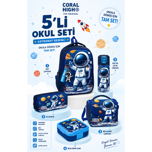 Lacivert Astronot Desenli 5?li Okul �anta Seti S�rt �antas� Kalemlik Beslenme Kab� Termos